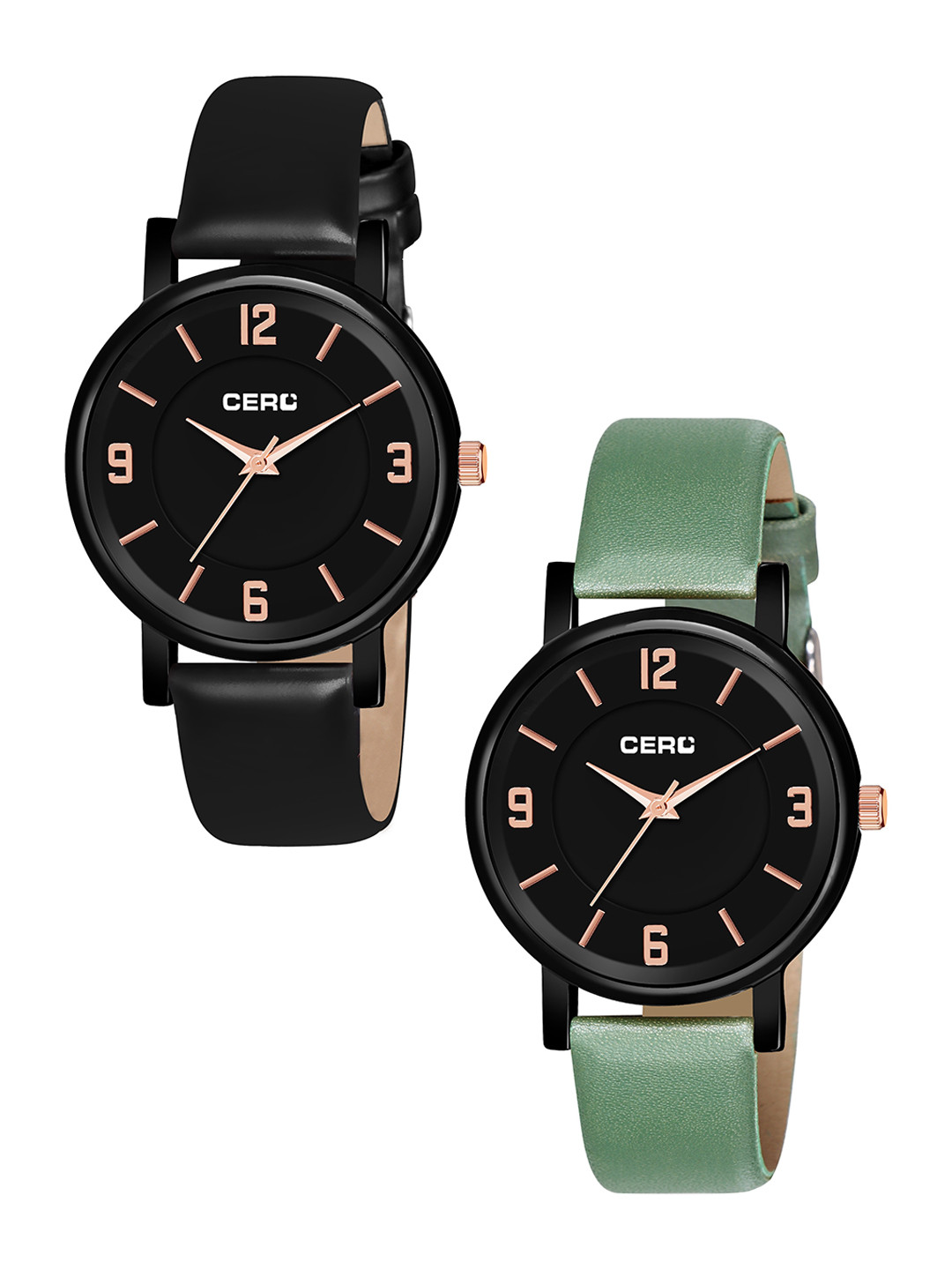 

CERO Set Of 2 Brass Dial & Leather Straps Analogue Watch Com2-MJ222-B, Green