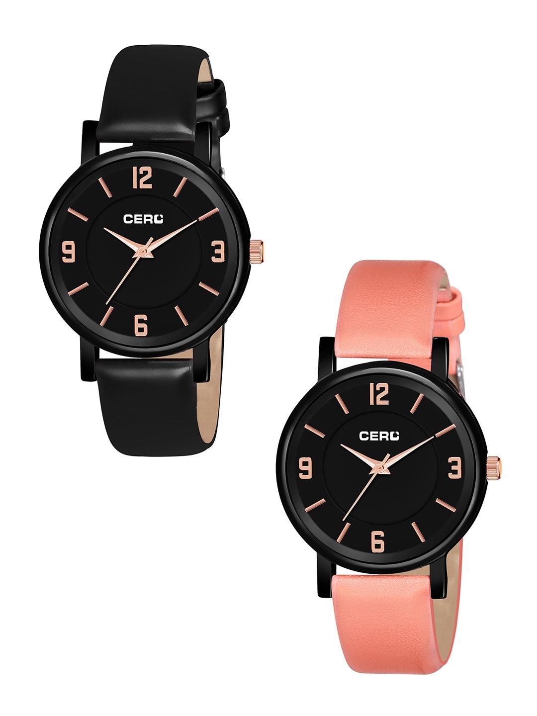 

CERO Set Of 2 Brass Dial & Leather Straps Analogue Watch Com2-MJ222-B, Black