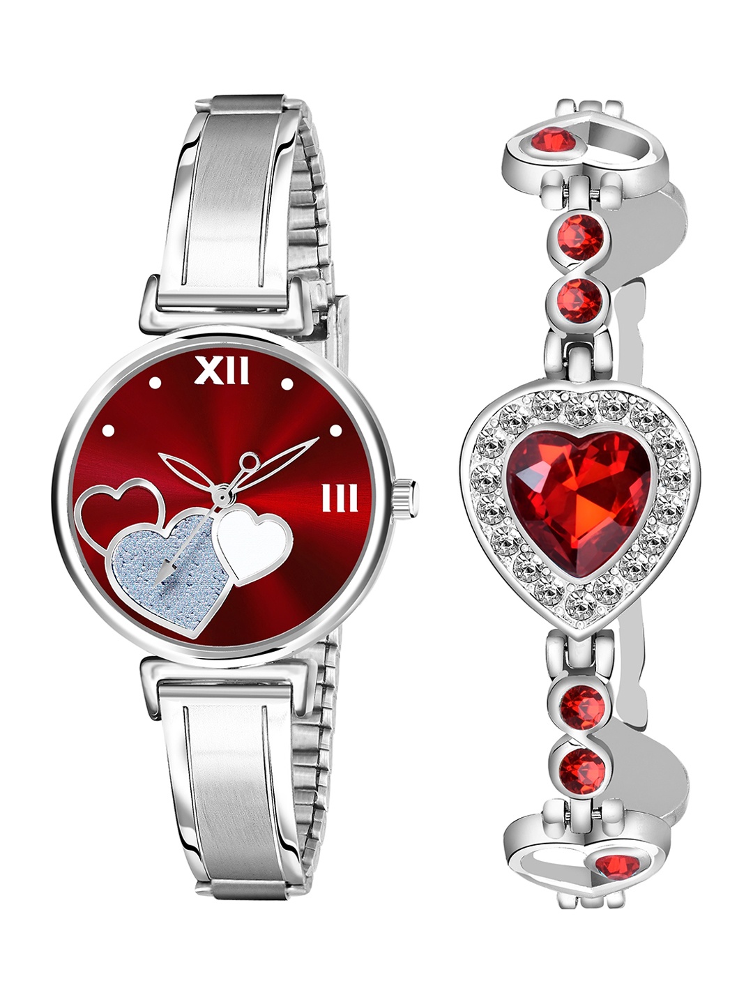 

CERO Set Of 2 Stainless Steel Bracelet Style Analogue Watch Com2-AB65-Heart, Red