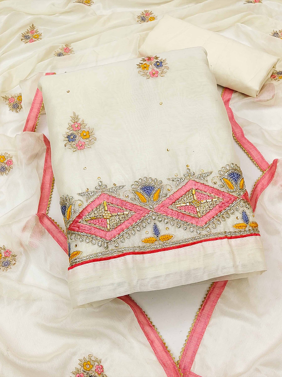 

KALINI Embroidered Unstitched Dress Material, Off white