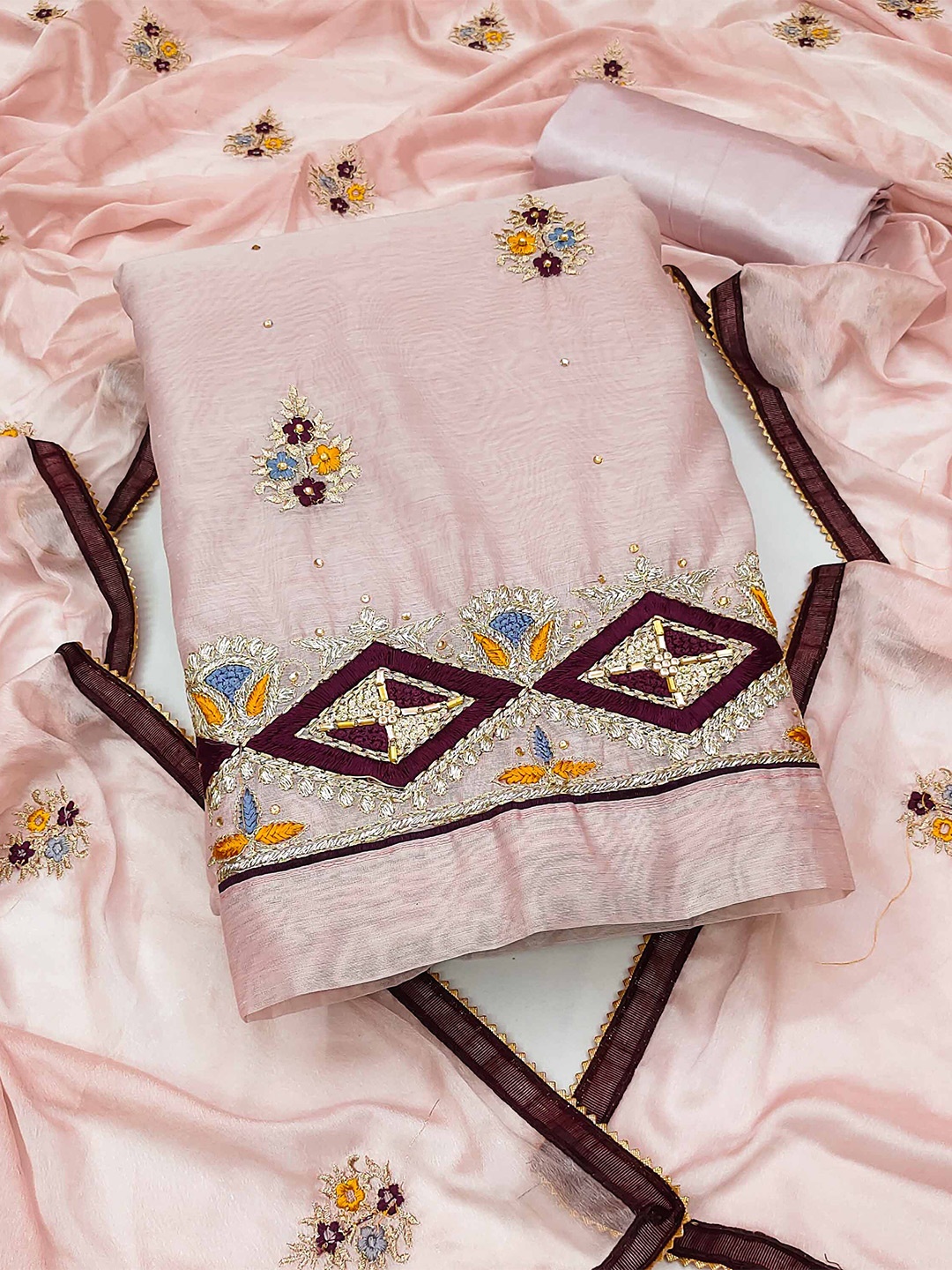 

KALINI Embroidered Unstitched Dress Material, Peach