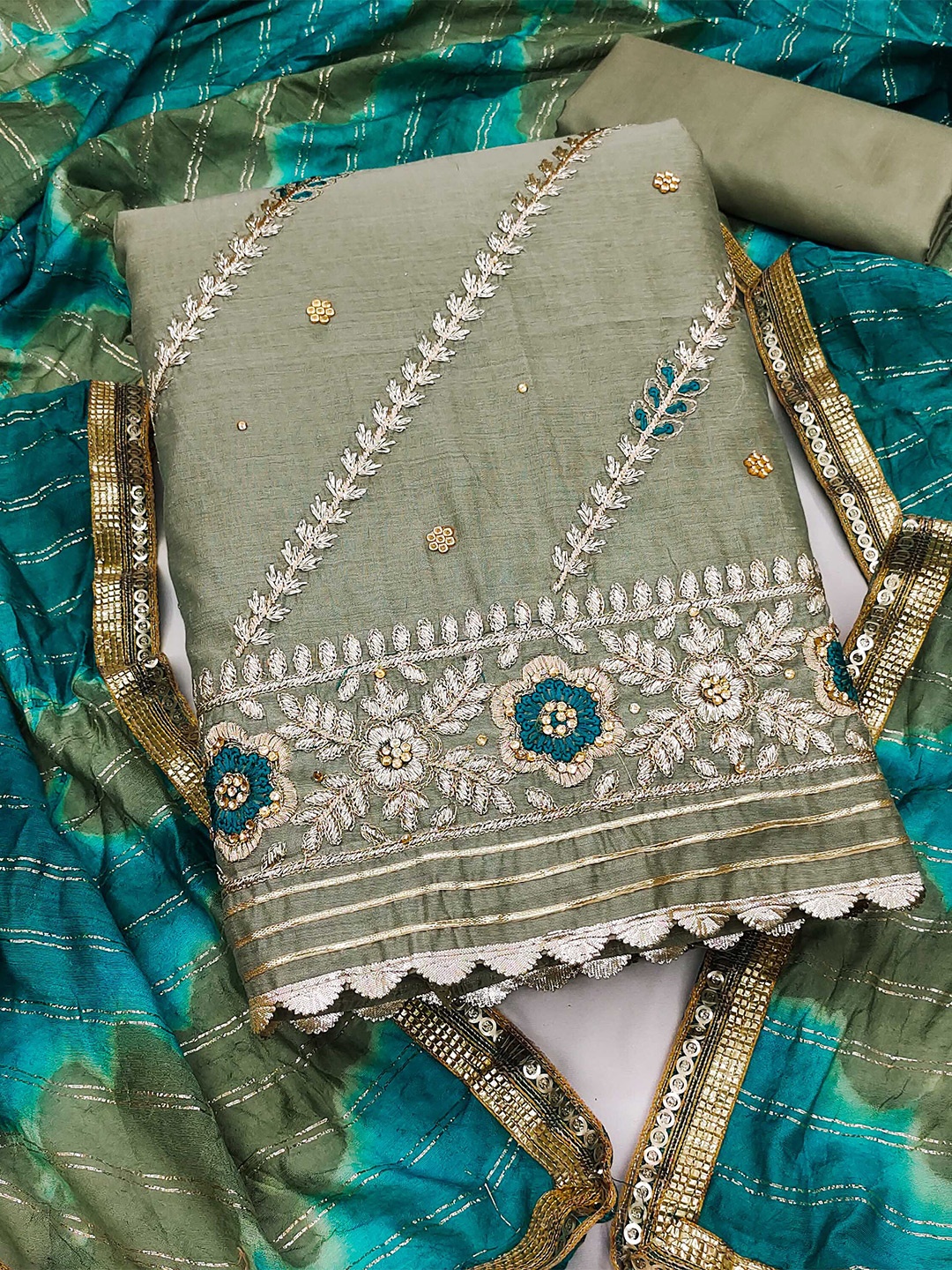 

KALINI Embroidered Beads & Stones Unstitched Dress Material, Olive