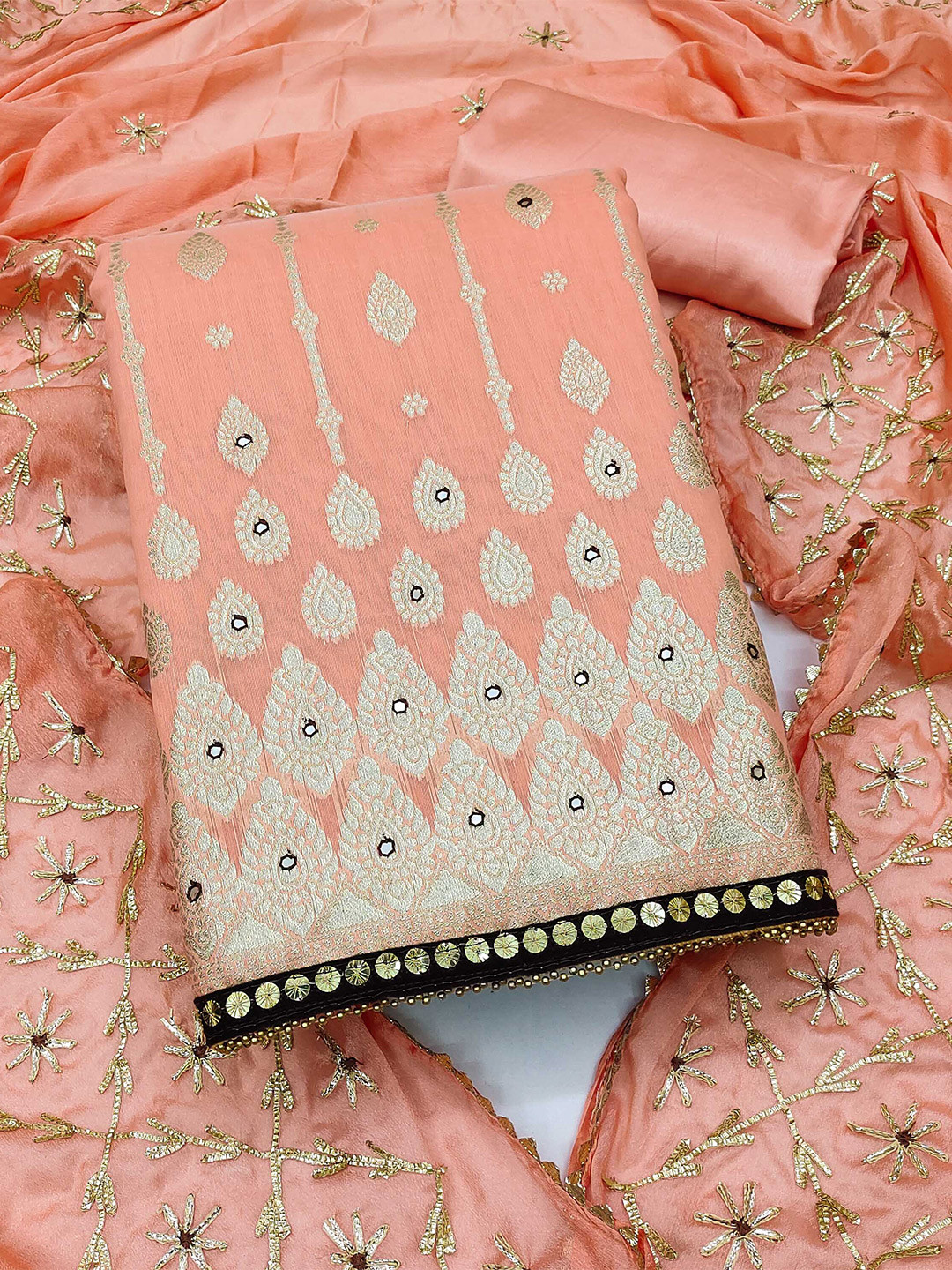 

KALINI Embroidered Unstitched Dress Material, Peach
