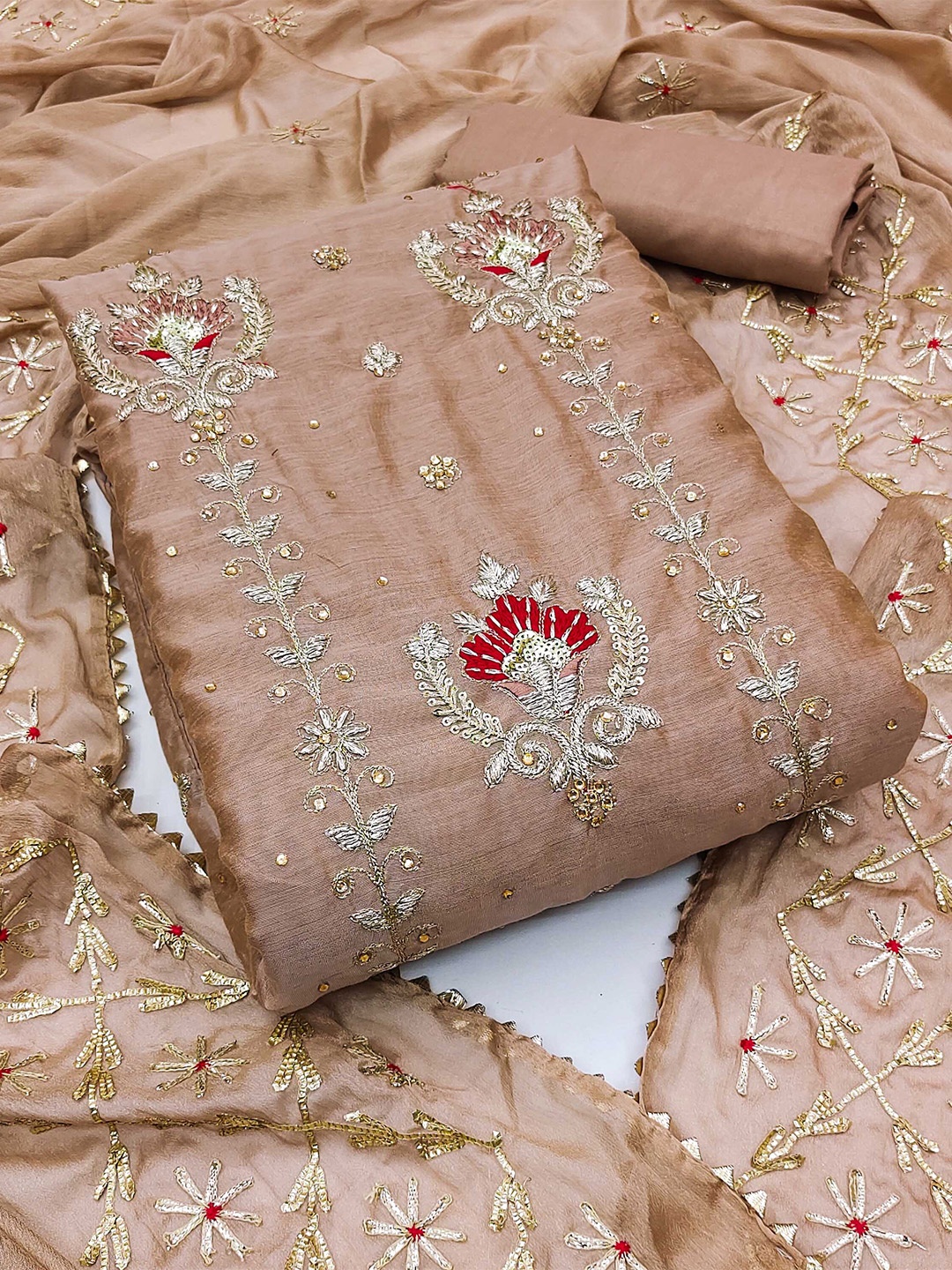 

KALINI Ethnic Motifs Embroidered Beads & Stones Unstitched Dress Material, Rust