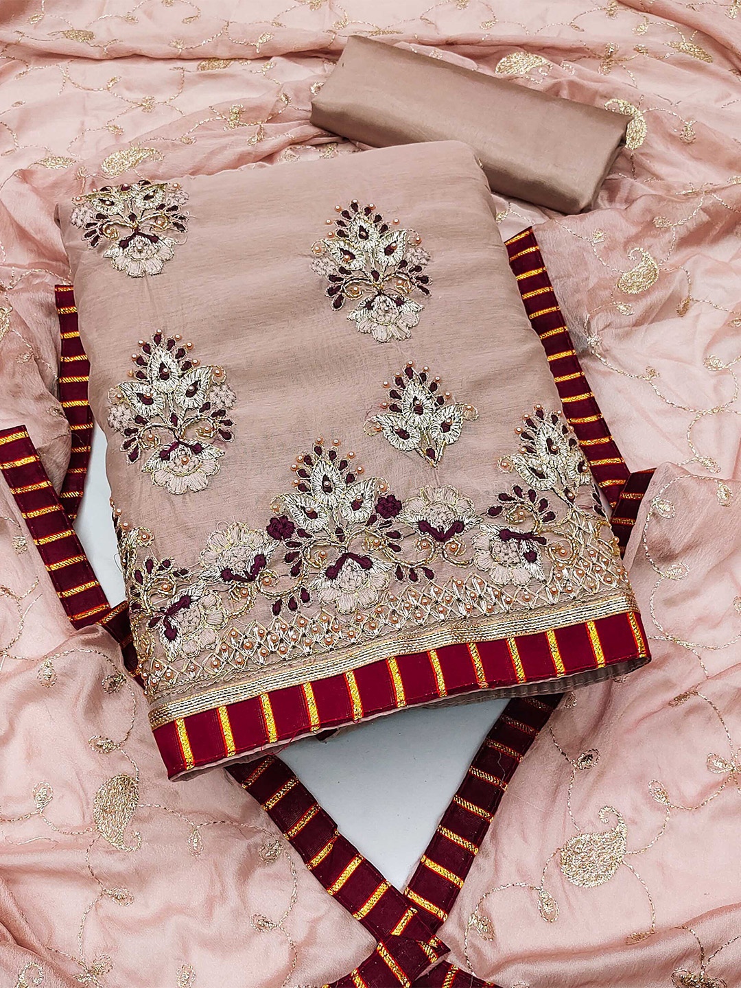 

KALINI Embroidered Unstitched Dress Material, Pink