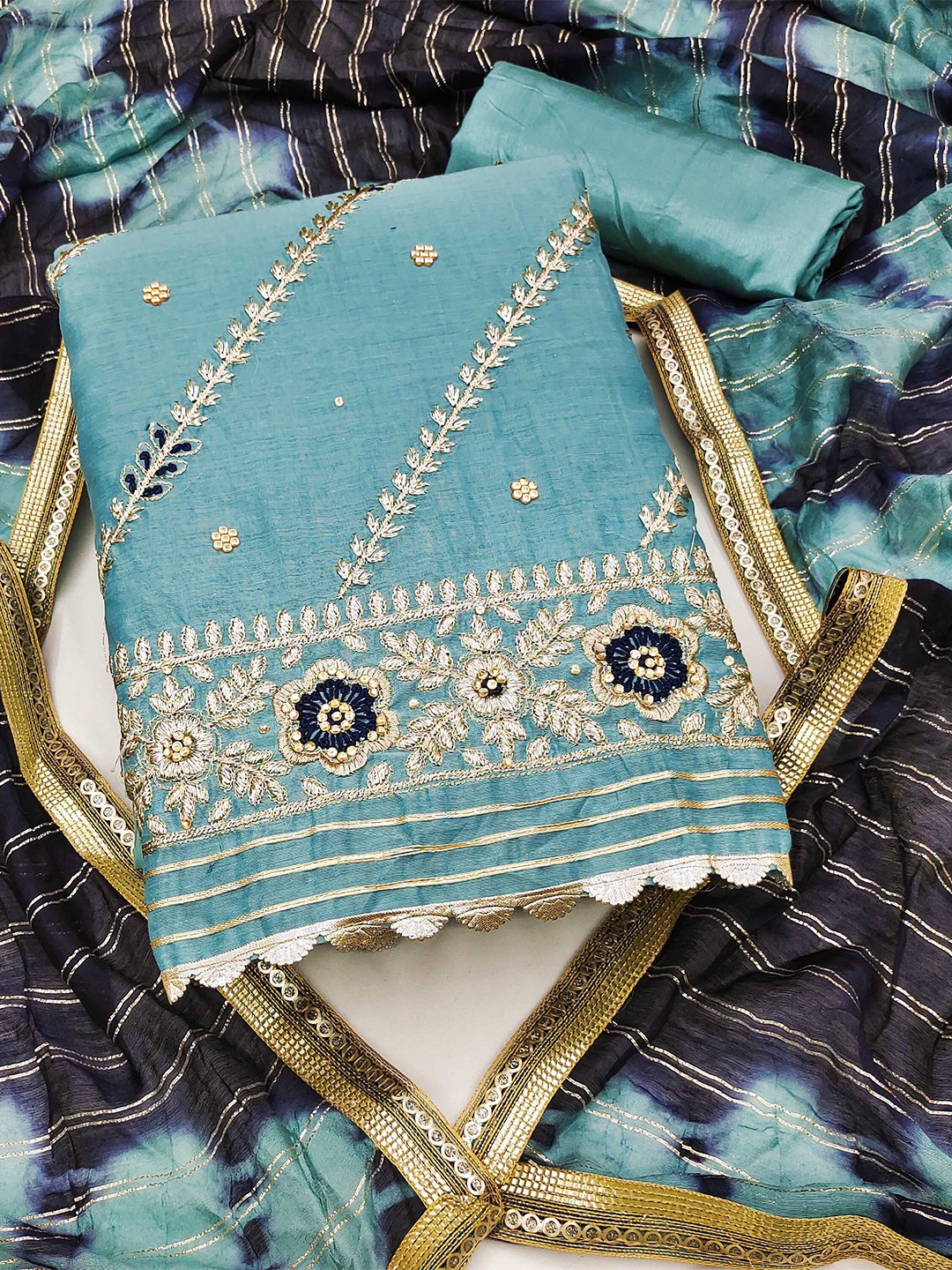 

KALINI Blue & Gold-Toned Embroidered Unstitched Dress Material