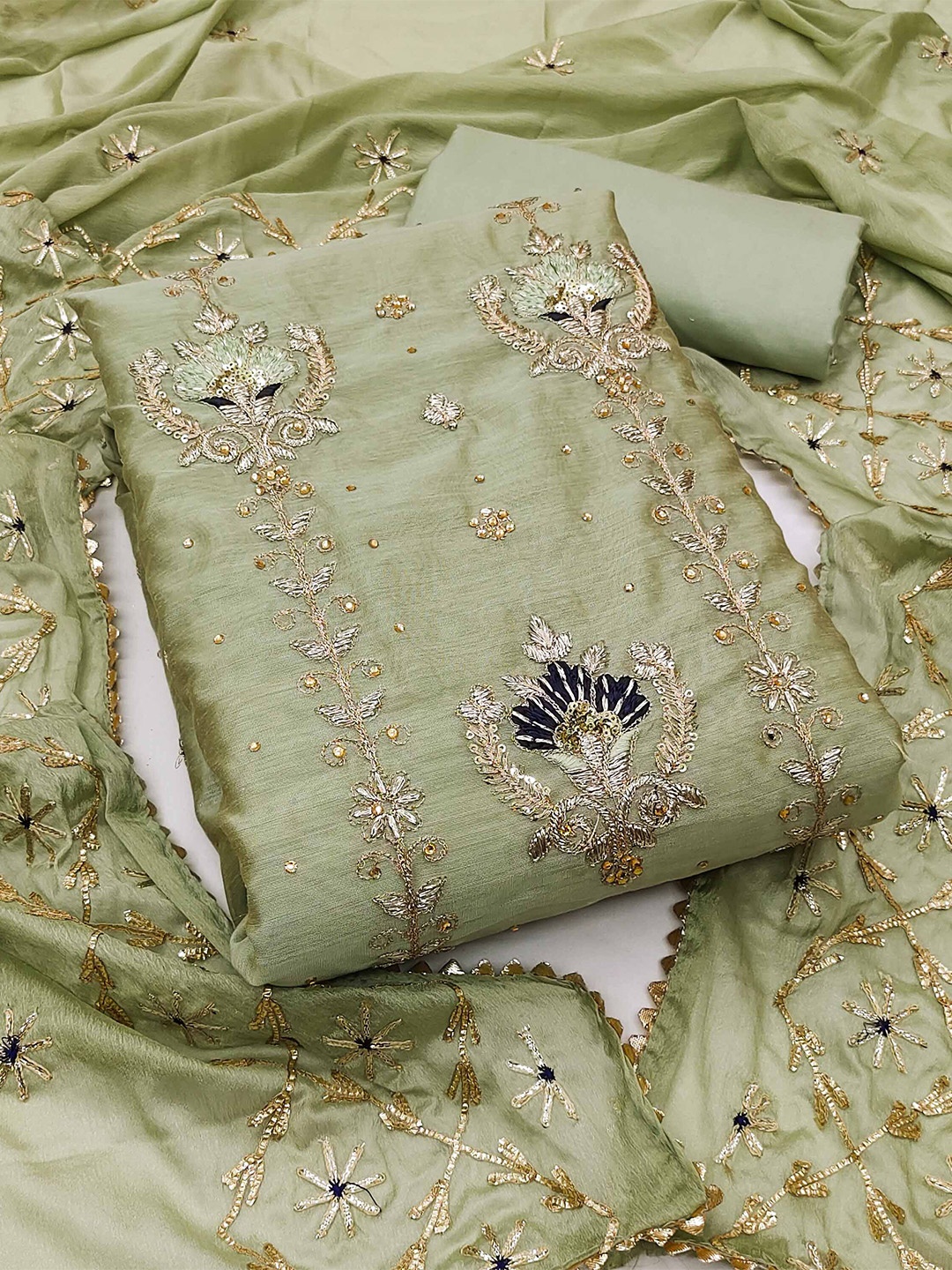

KALINI Green & Gold-Toned Embroidered Unstitched Dress Material