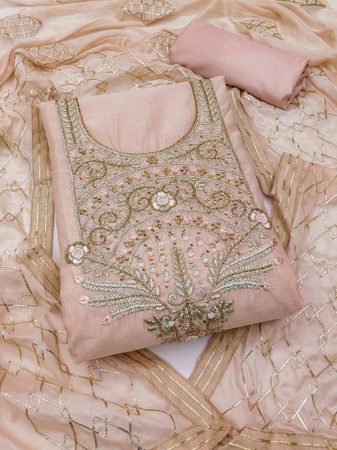 

KALINI Floral Embroidered Zari Unstitched Dress Material With Dupatta, Beige