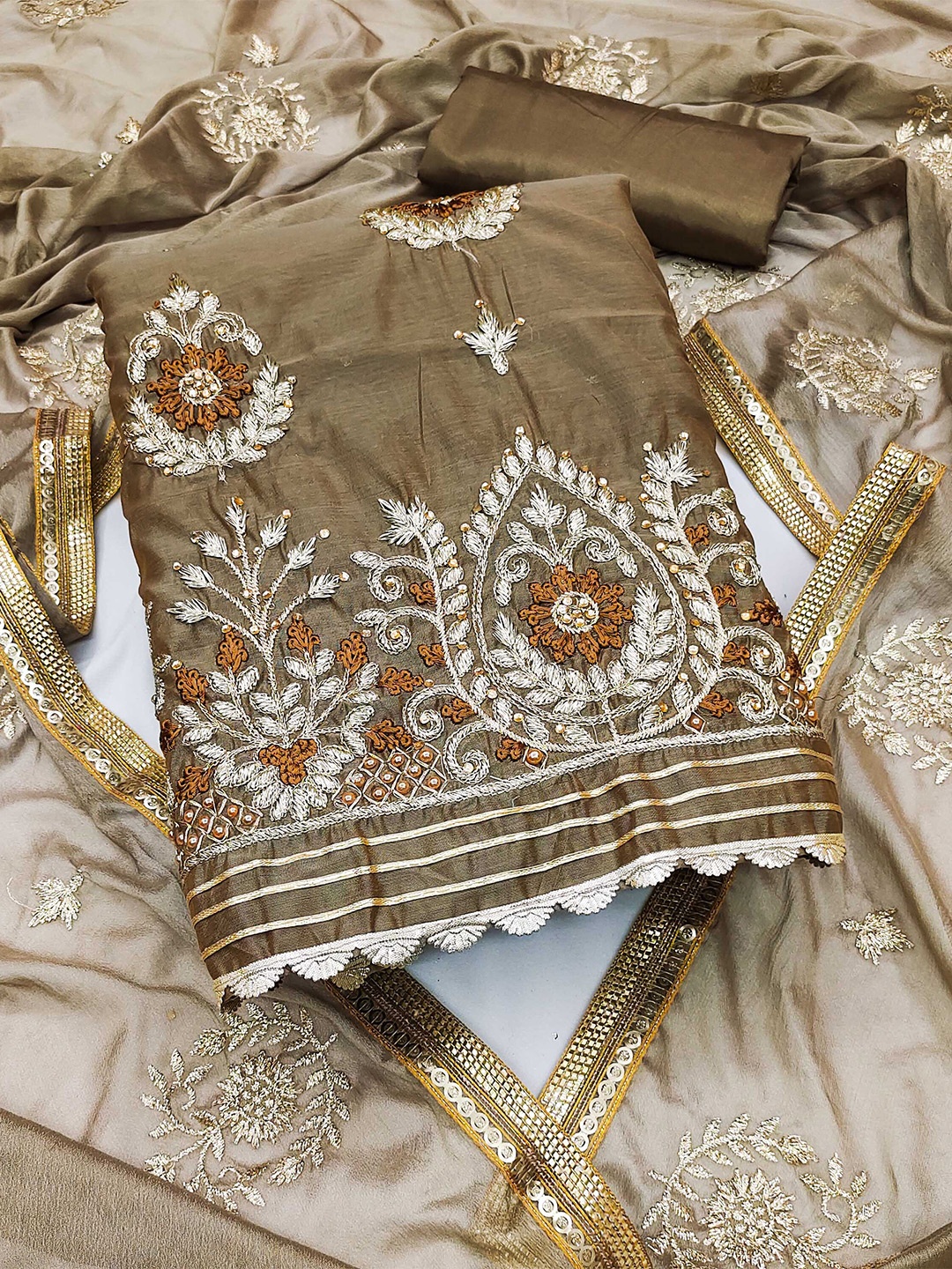 

KALINI Embroidered Unstitched Dress Material, Beige