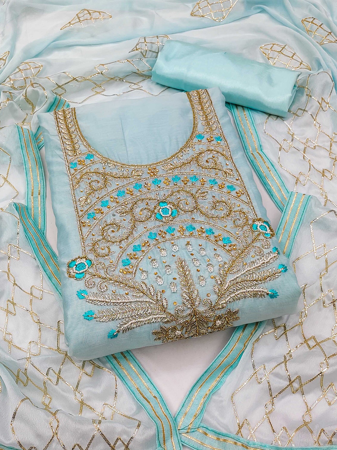 

KALINI Ethnic Motifs Embroidered Zari Unstitched Dress Material With Dupatta, Blue