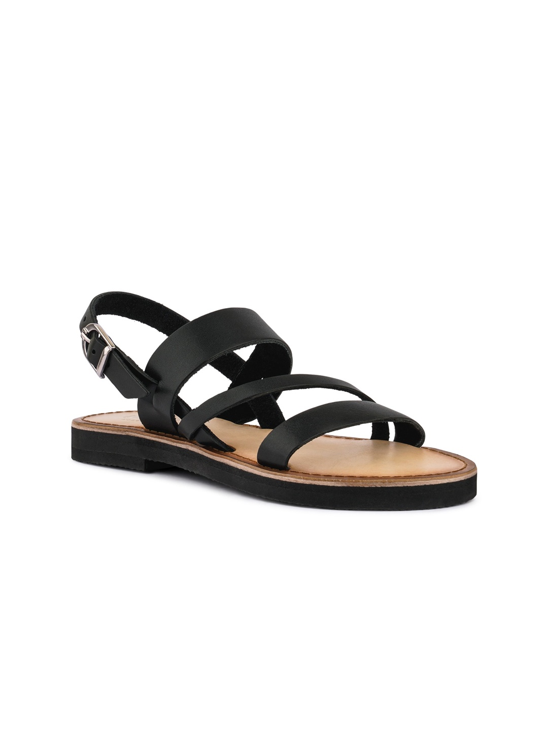 

RAG & CO Women Buckle Detail Leather Open Toe Flats With Backstrap, Black
