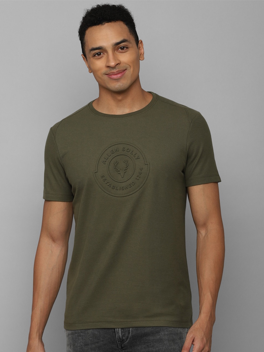 

Allen Solly Typography Embroidered Pure Cotton Slim Fit T-shirt, Olive