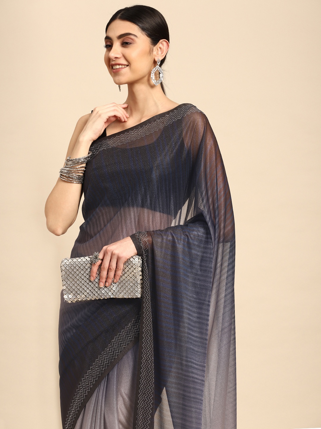 

kasee Ombre Beads & Stones Art Silk Saree, Navy blue