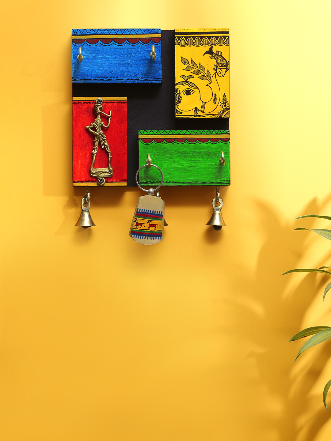 

ExclusiveLane Multicoloured Warli Handpainted Wooden Brass Key Holders, Multi