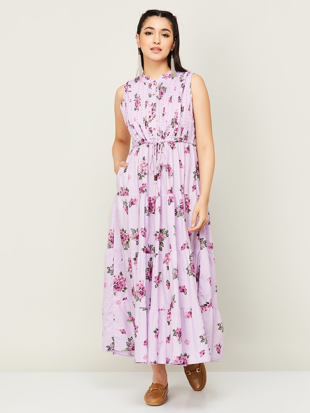 

Colour Me by Melange Floral Printed High Neck Pleated Maxi Dress, Lavender