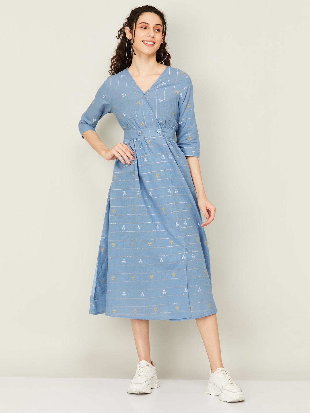 

Colour Me by Melange V-Neck Front Slit Geometric Printed Wrap Cotton Midi Dress, Blue