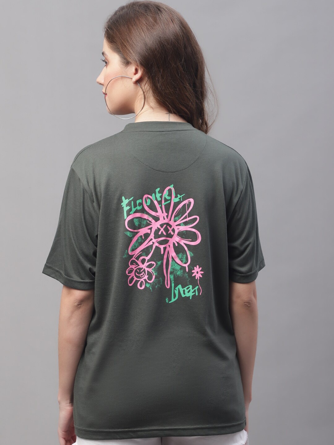 

Obaan Floral Printed Cotton T-shirt, Olive