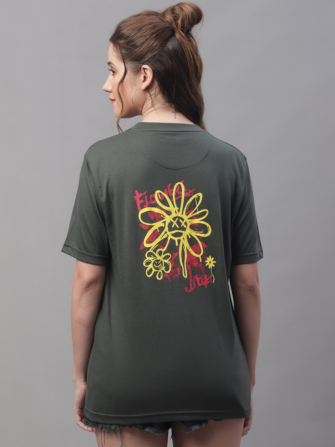 

Obaan Floral Printed Drop-Shoulder Sleeves Cotton Relaxed Fit T-shirt, Olive