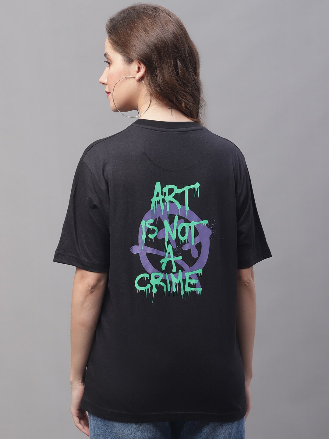 

Obaan Typography Printed Drop-Shoulder Sleeves Cotton Relaxed Fit T-shirt, Black