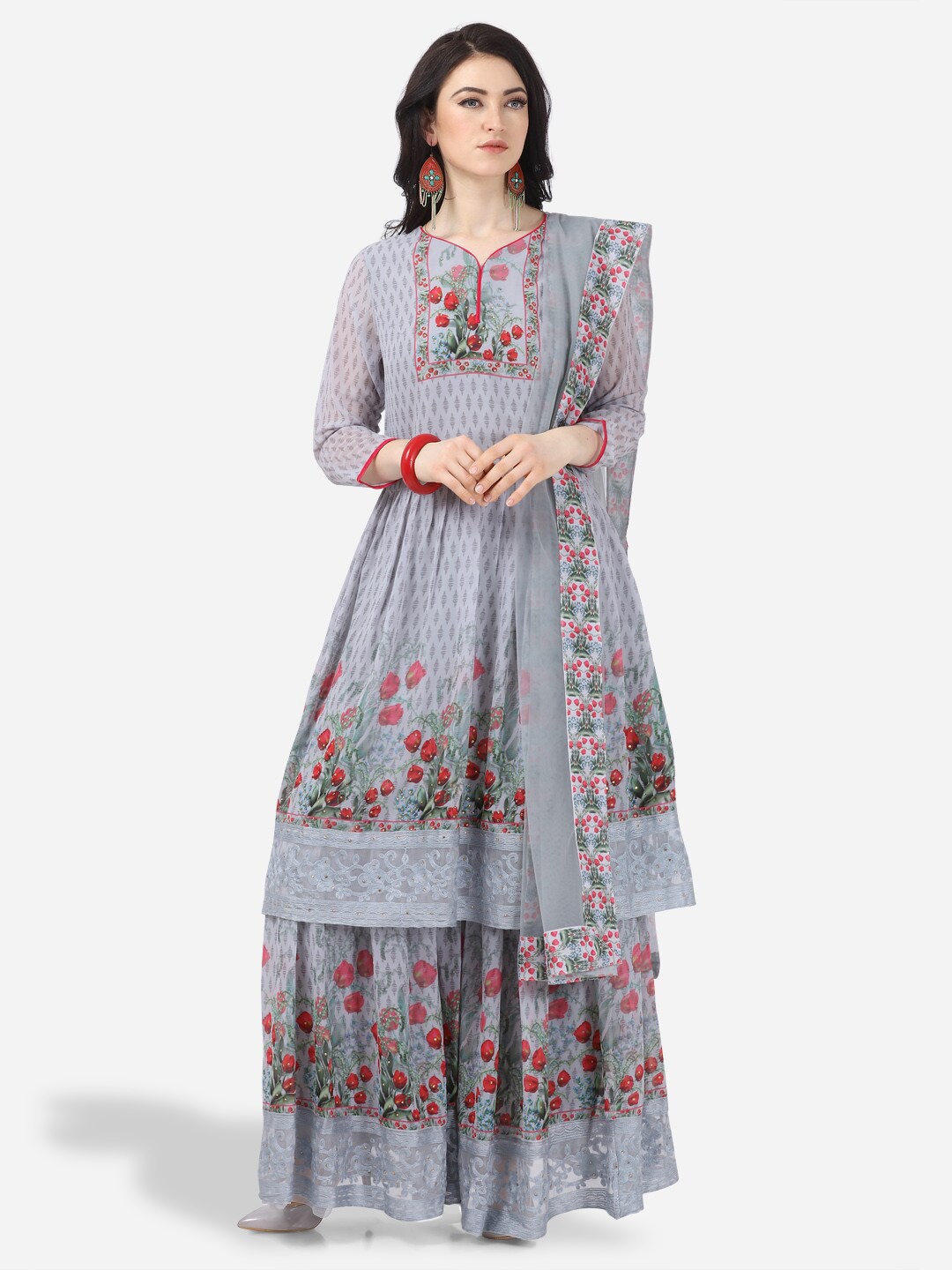 

mf Printed Beads & Stones Semi-Stitched Dress Material, Grey