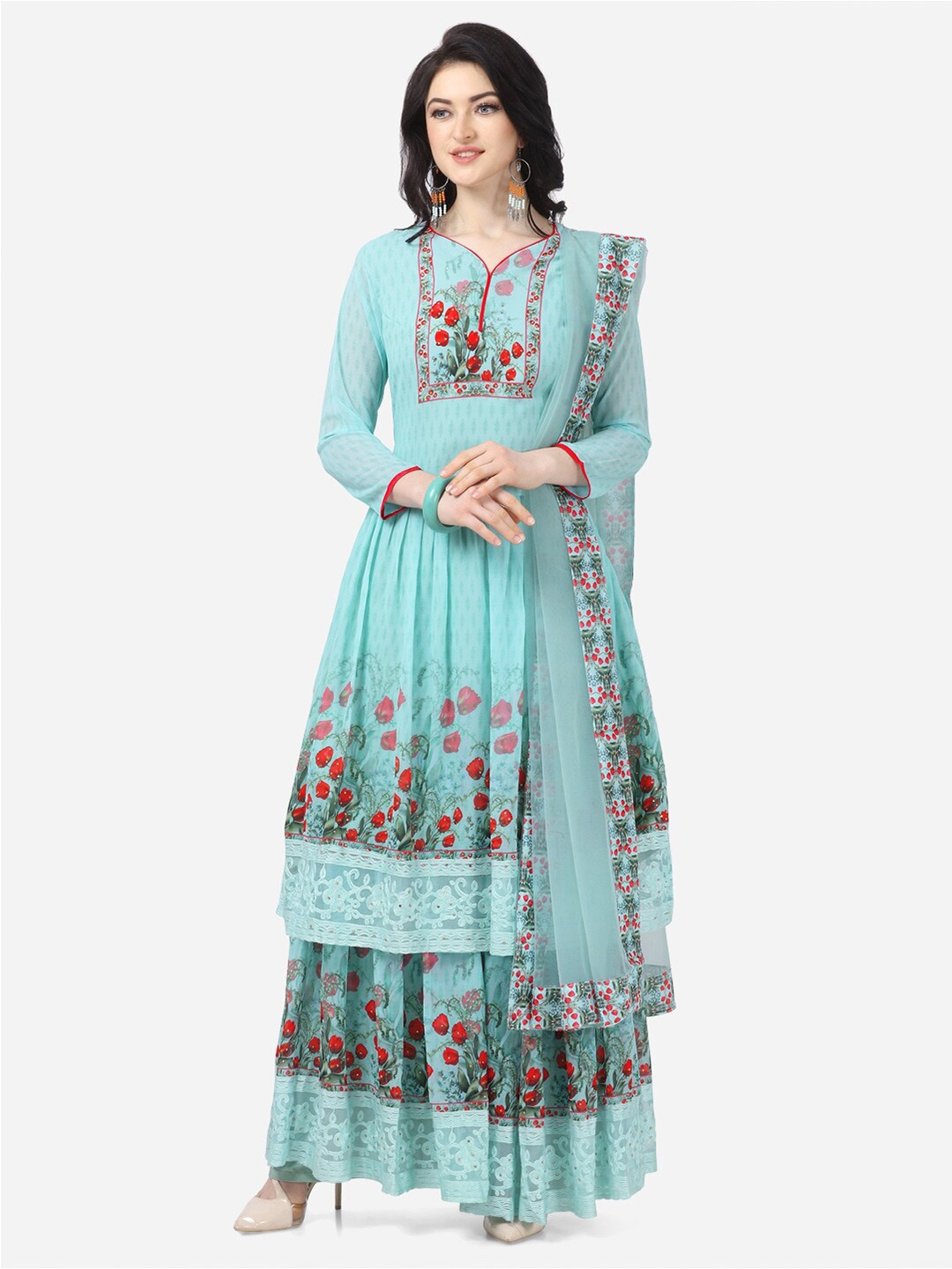 

mf Floral Printed Georgette Semi-Stitched Dress Material, Turquoise blue