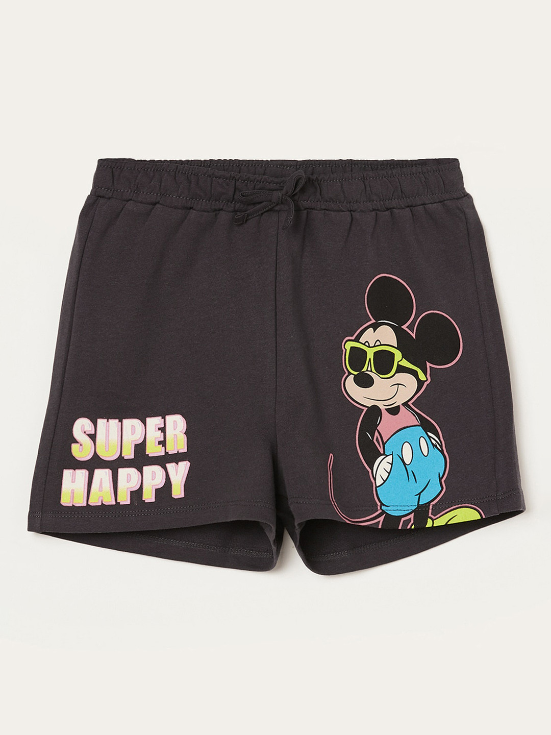 

Fame Forever by Lifestyle Girls Mid-Rise Mickey Mouse Printed Cotton Shorts, Charcoal