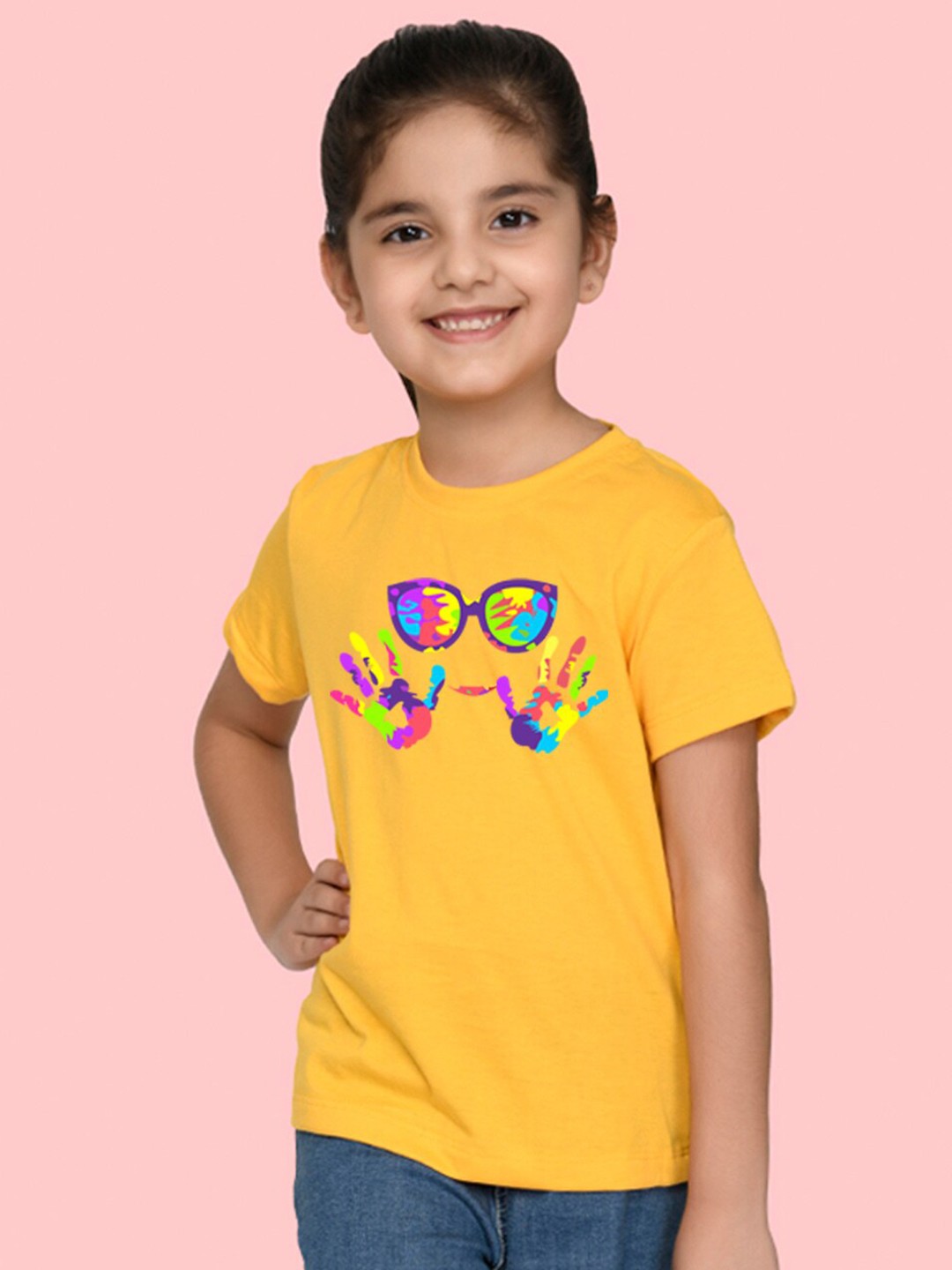 

NUSYL Girls Graphic Holi Printed Short Sleeves T-shirt, Yellow