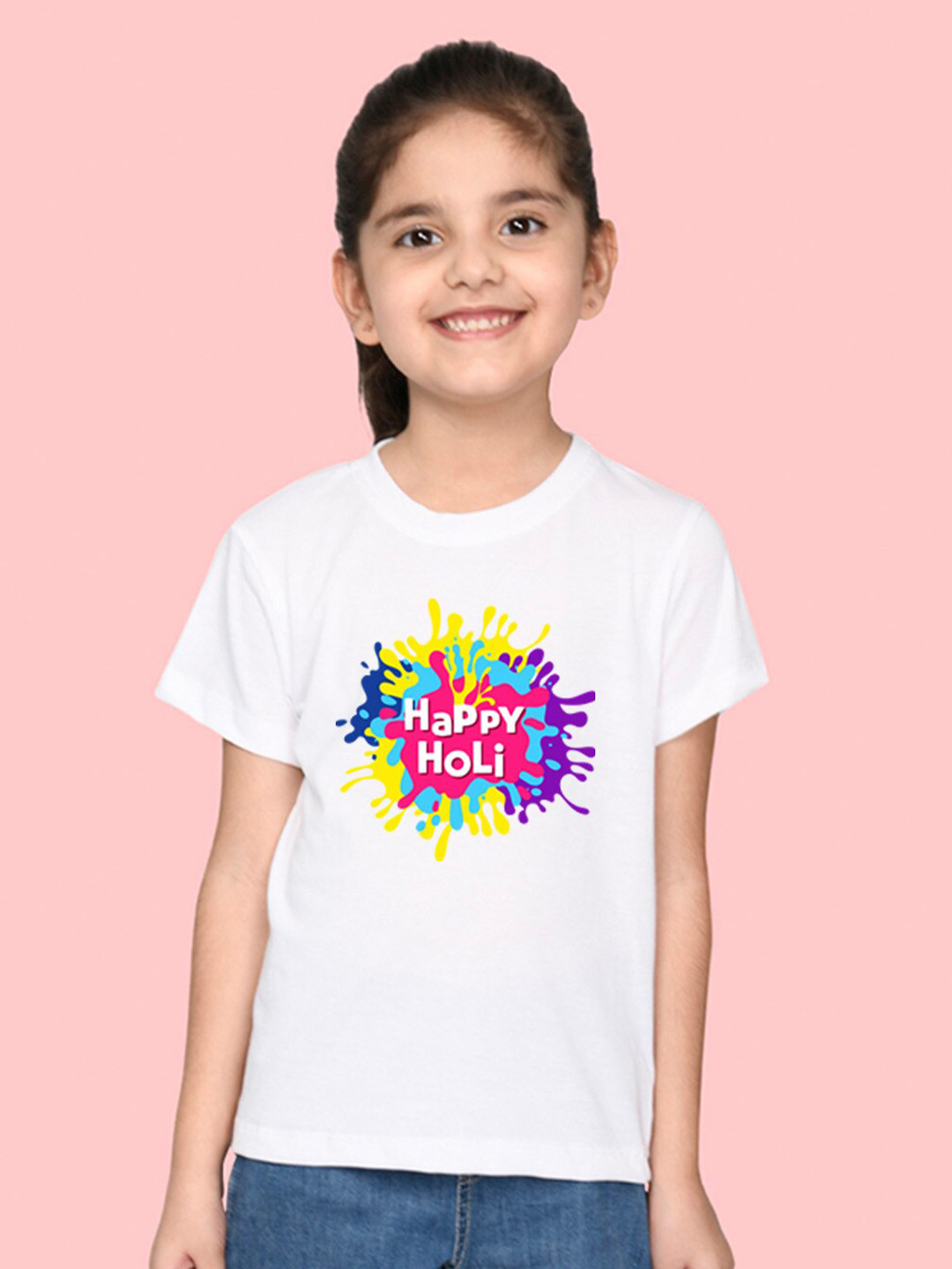 

NUSYL Girls Typography Holi Printed Cotton T-shirt, White