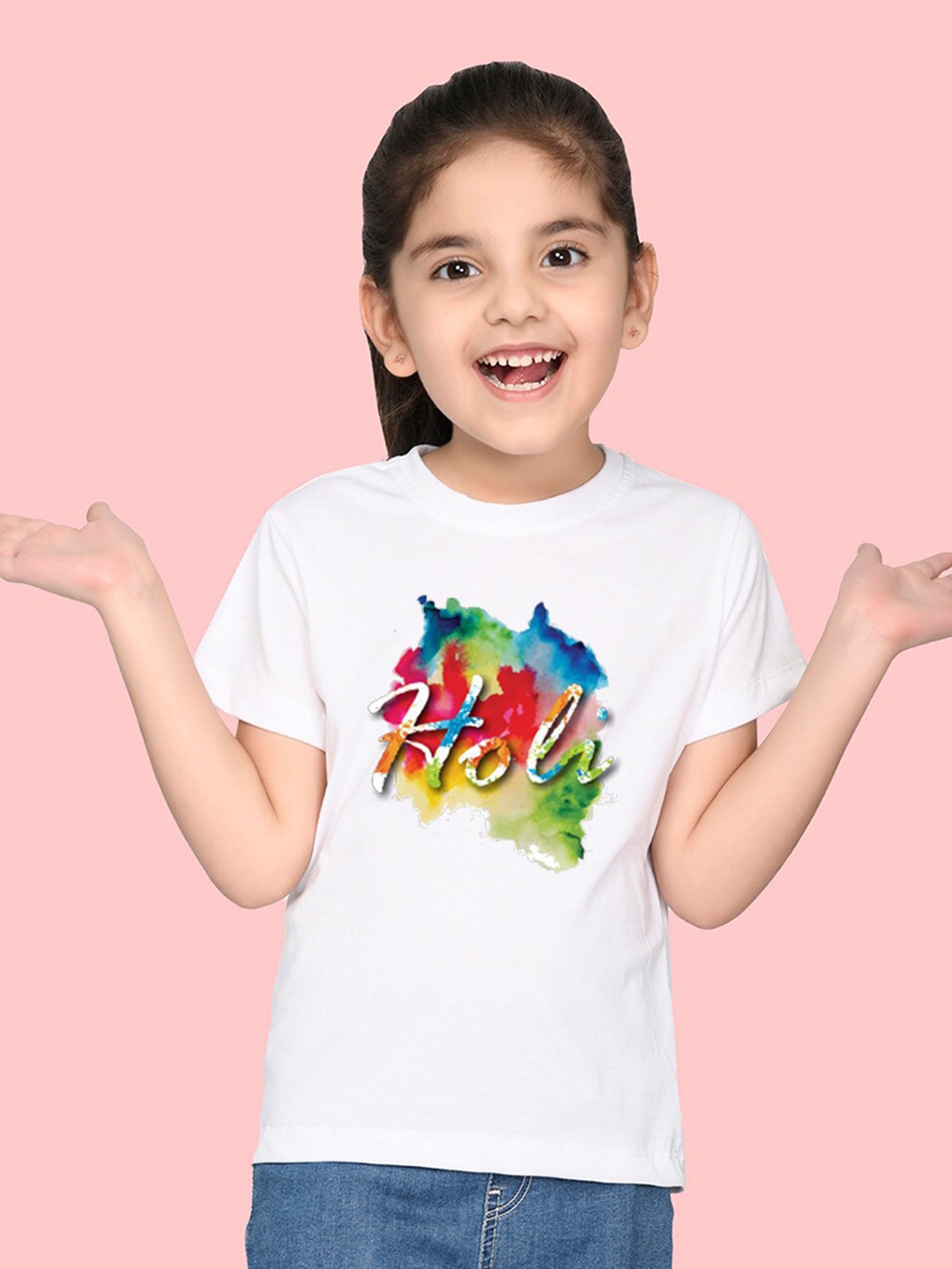 

NUSYL Girls Graphic Holi Printed Short Sleeves T-shirt, White