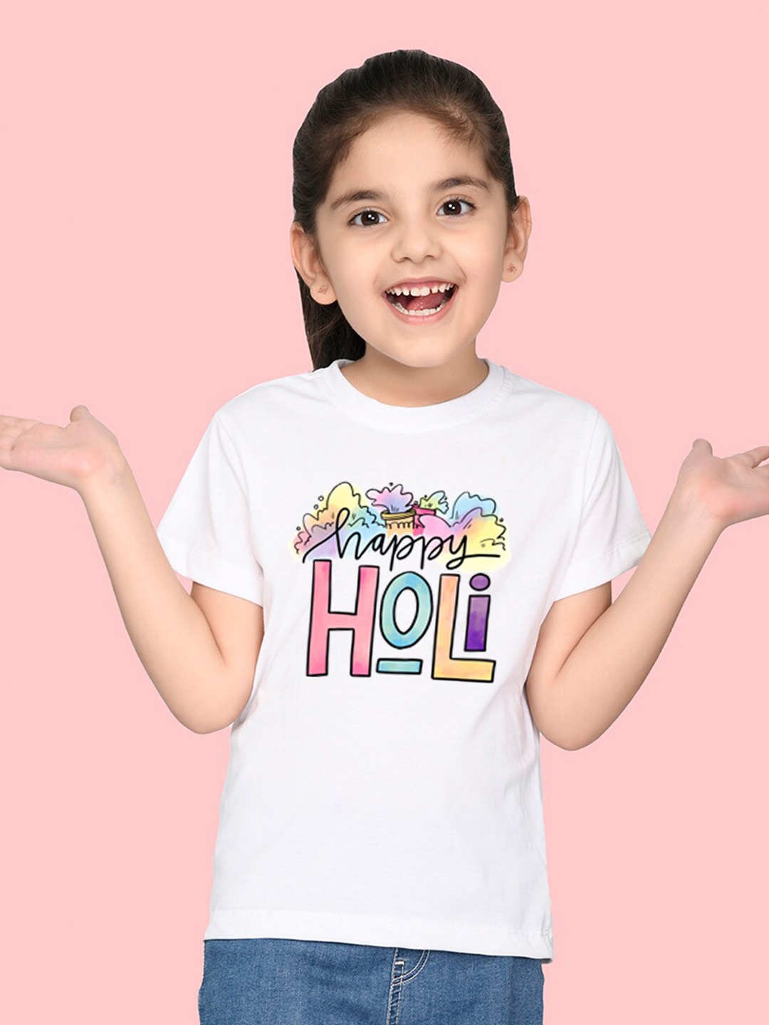 

NUSYL Girls Holi Printed Round Neck T-shirt, White