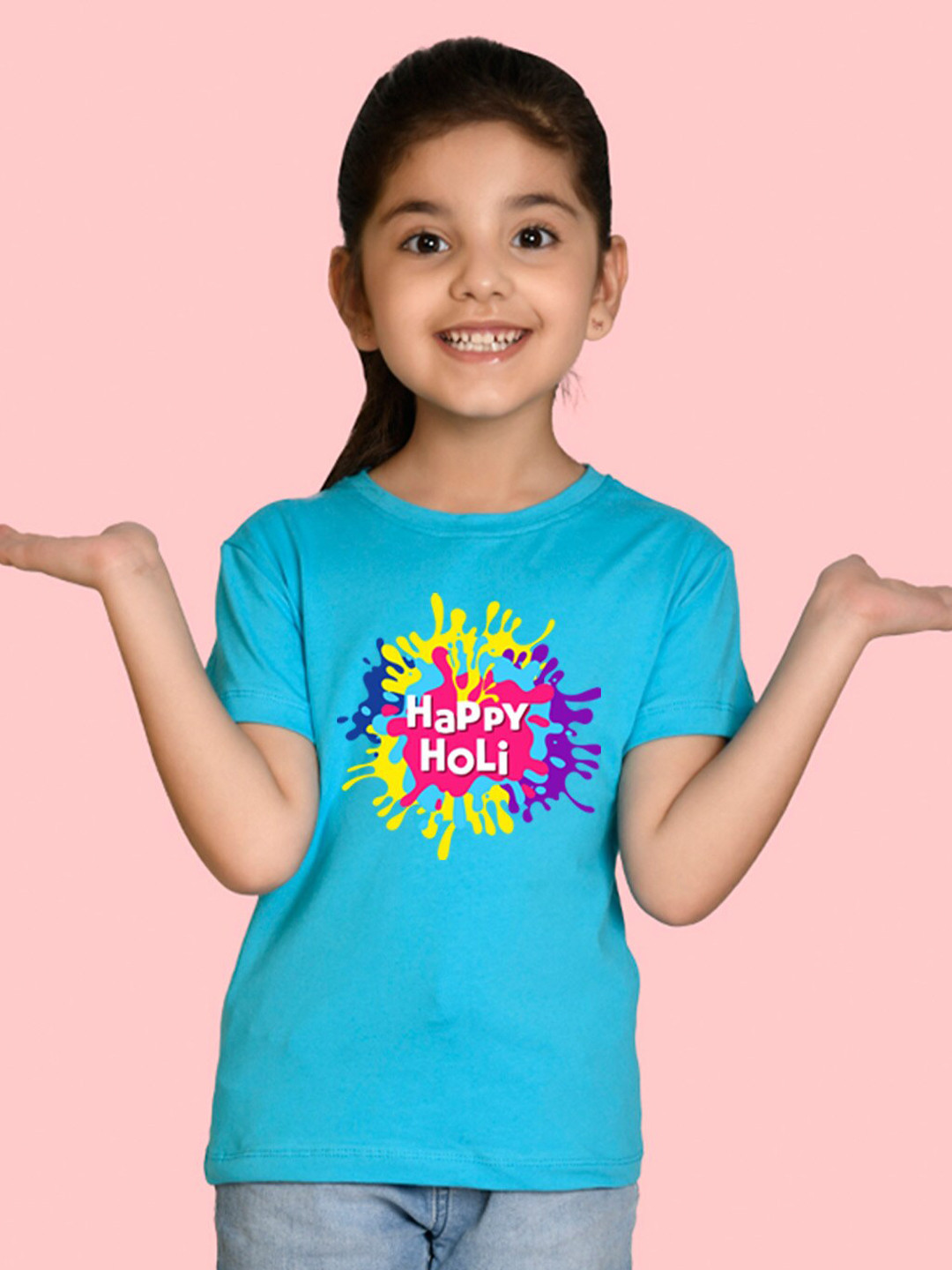 

NUSYL Girls Graphic Holi Printed Round Neck Cotton T-shirt, Blue