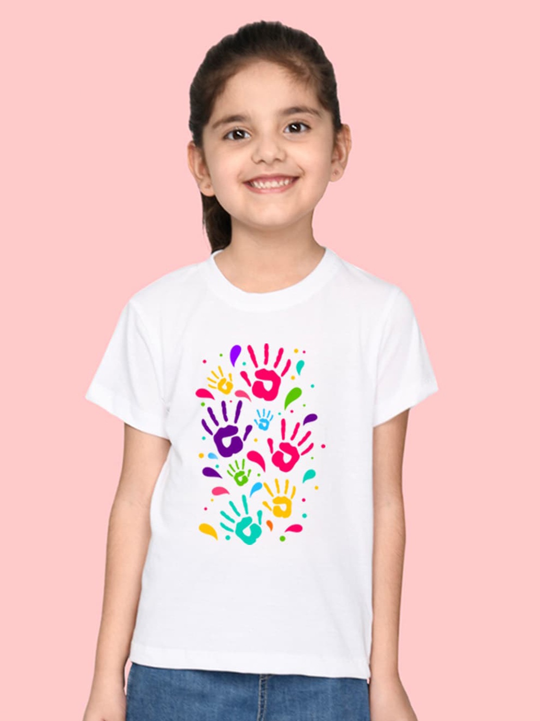 

NUSYL Girls Graphic Printed Round Neck Holi T-shirt, White