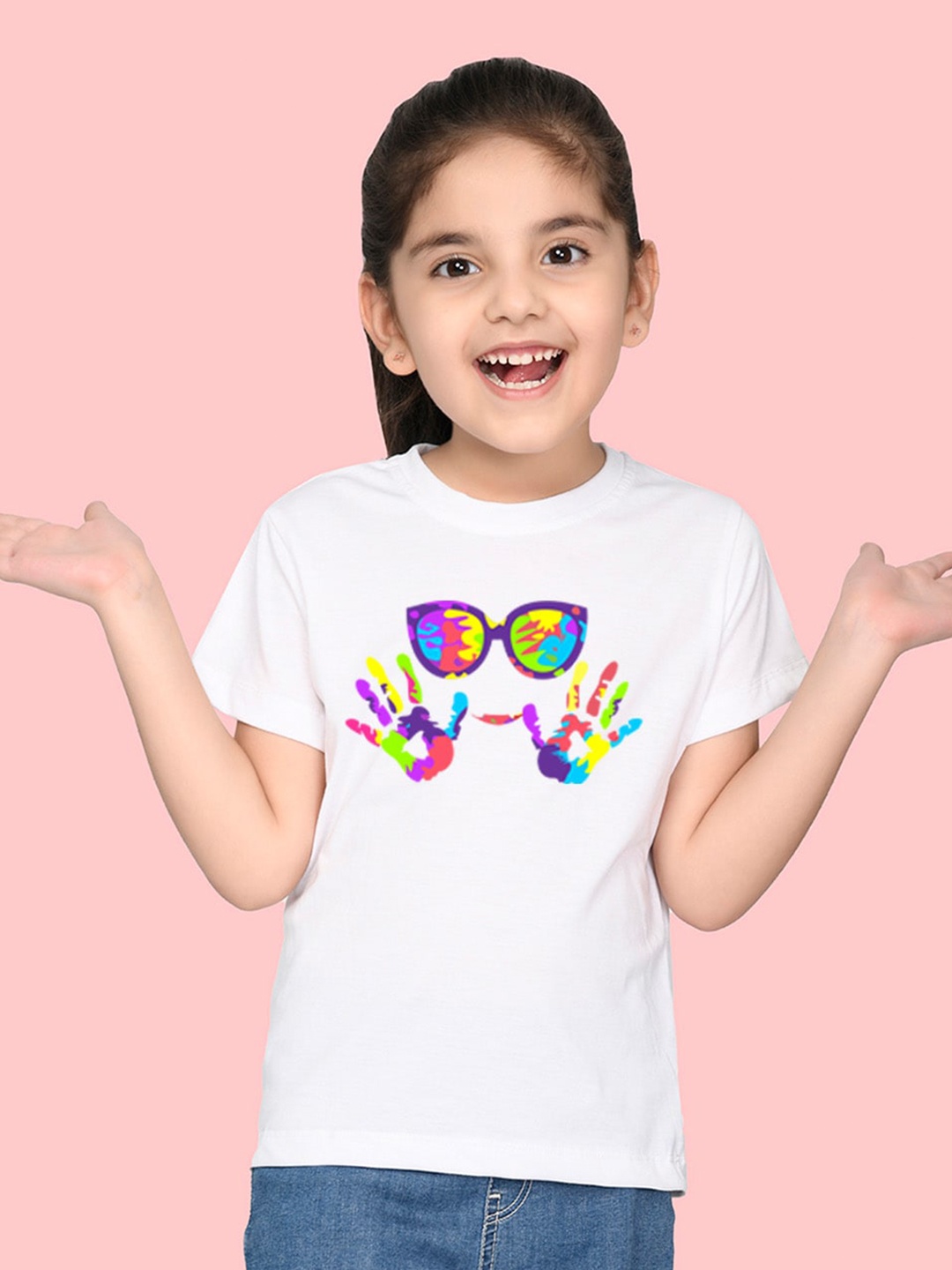 

NUSYL Girls Graphic Printed Cotton Holi T-shirt, White