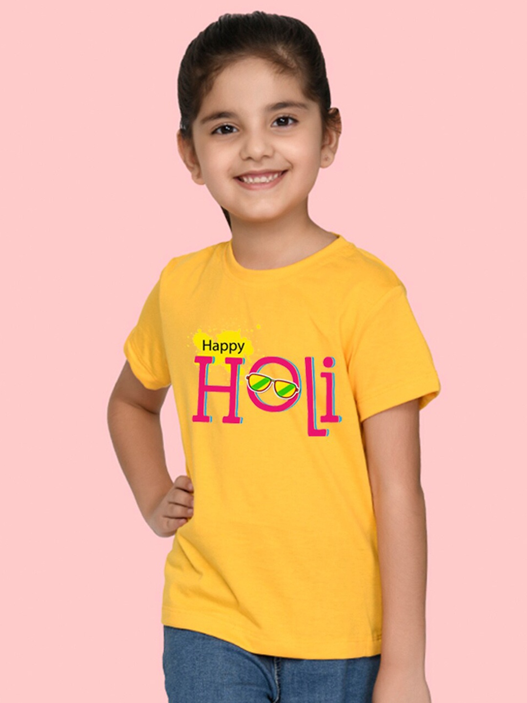 

NUSYL Girls Typography Printed Cotton Holi T-shirt, Yellow