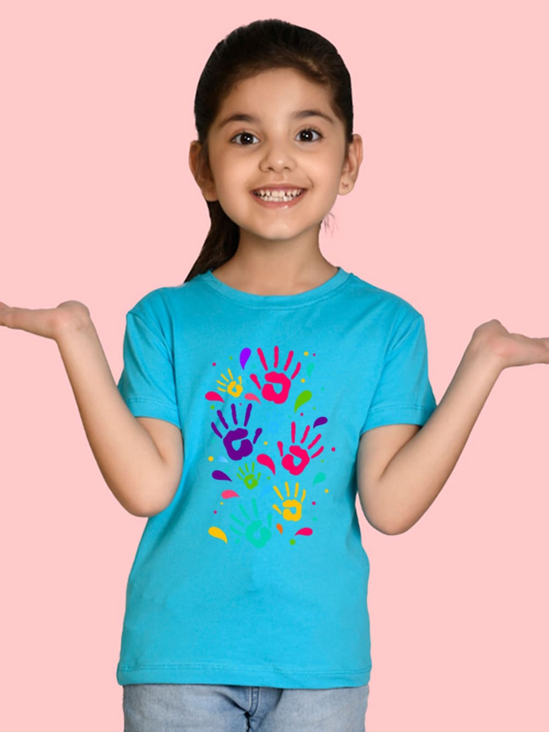 

NUSYL Girls Round Neck Holi Printed T-shirt, Blue