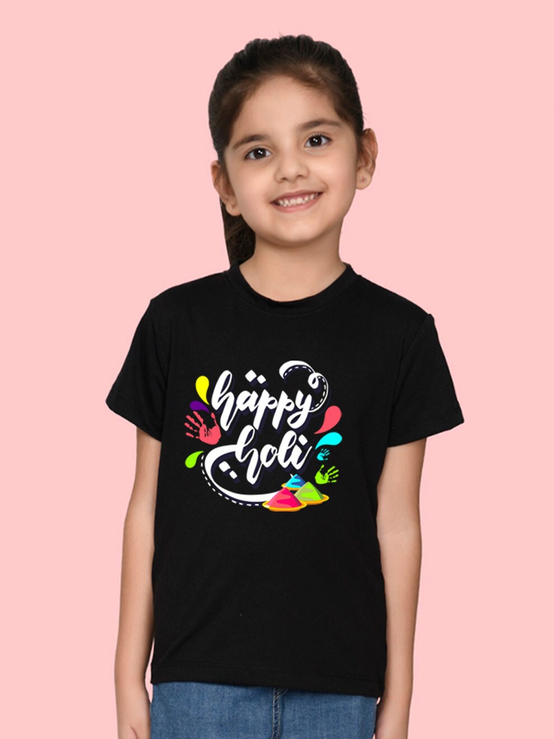 

NUSYL Girls Round Neck Holi Graphic Printed T-shirt, Black