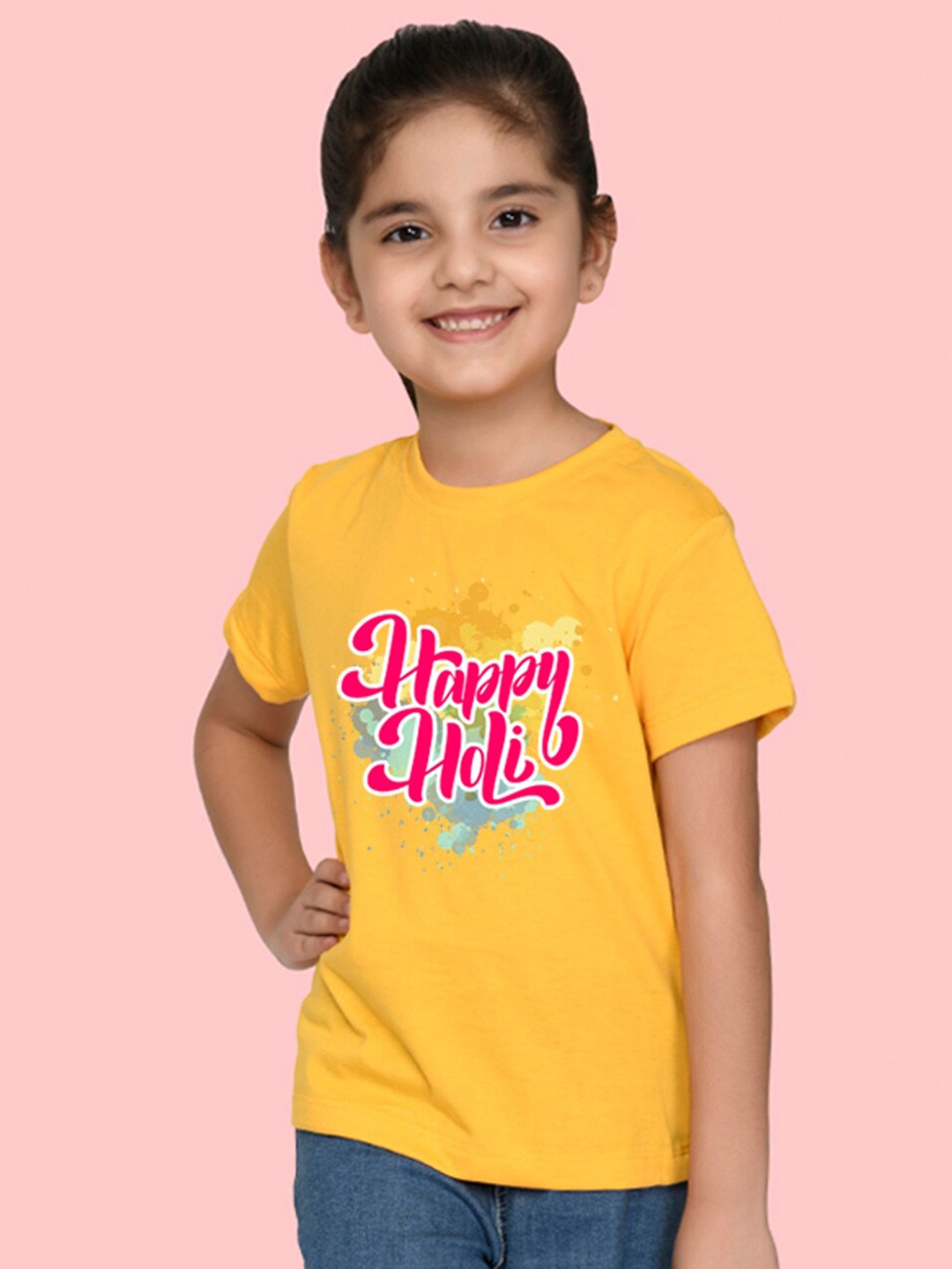 

NUSYL Girls Typography Holi Printed Cotton T-shirt, Yellow