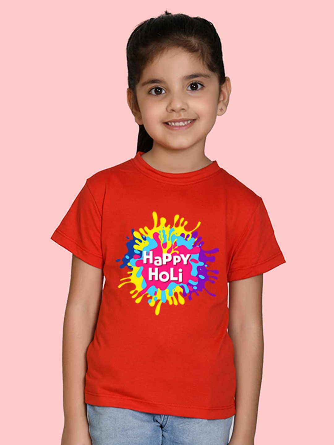 

NUSYL Girls Typography Holi Printed Cotton T-shirt, Red