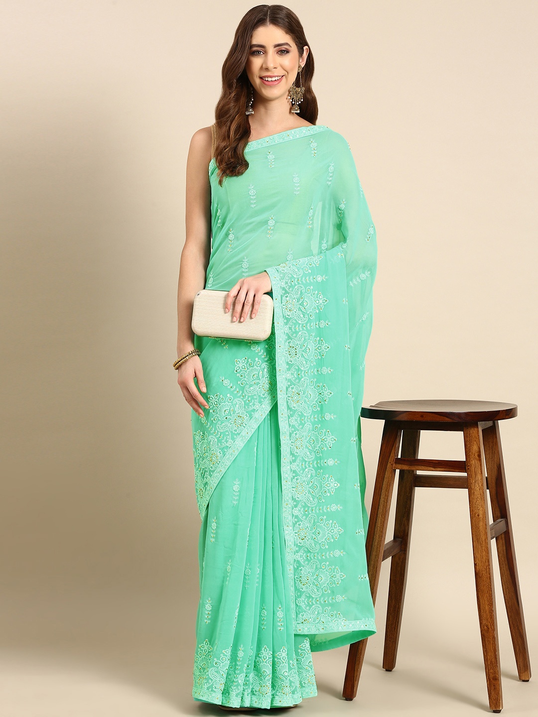 

HERE&NOW Floral Sequinned Poly Georgette Saree, Turquoise blue