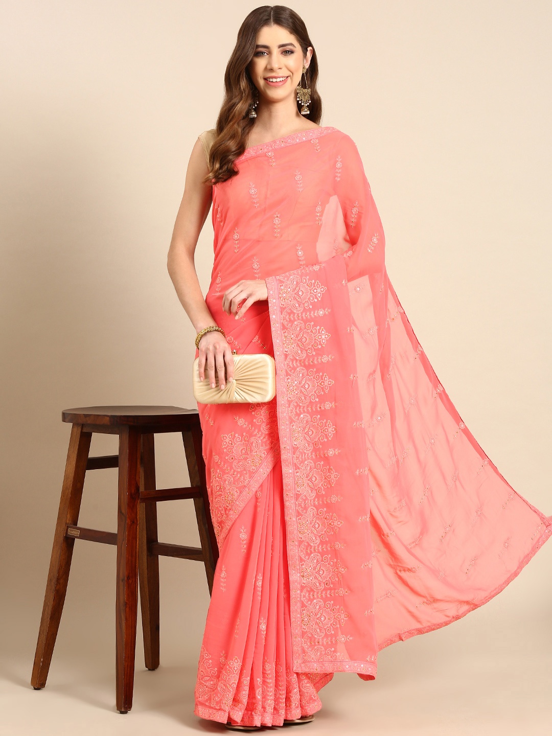 

HERE&NOW Ethnic Motifs Sequinned Poly Georgette Saree, Pink