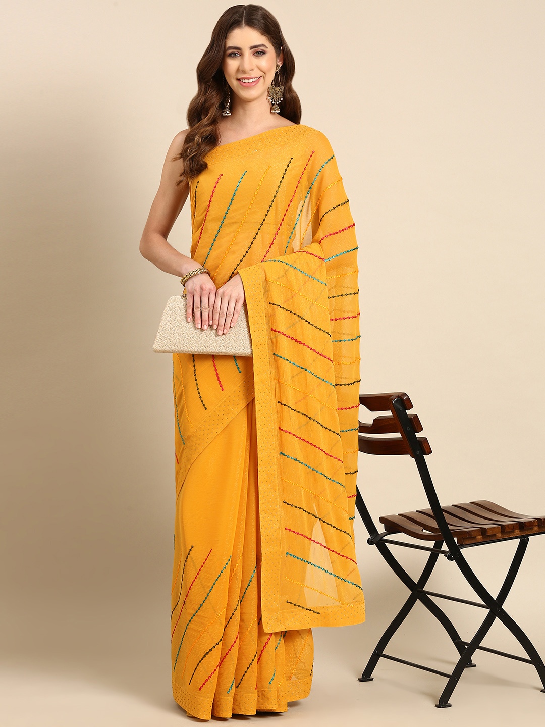 

HERE&NOW Striped Sequinned Poly Georgette Saree, Yellow