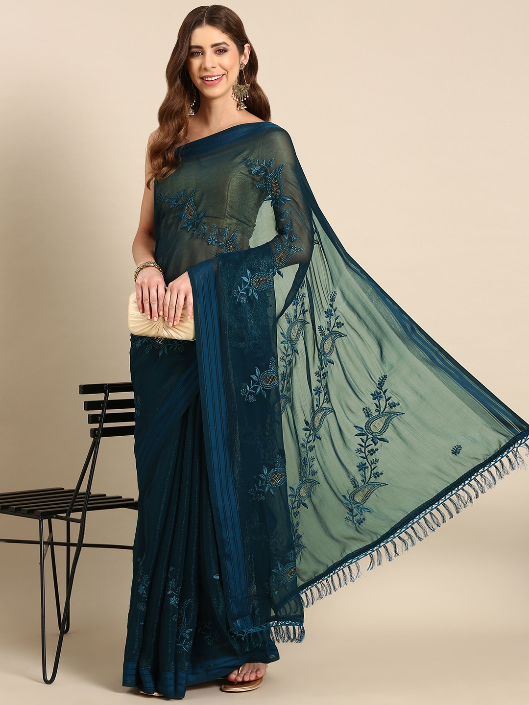 

HERE&NOW Floral Sequinned Poly Georgette Saree, Teal