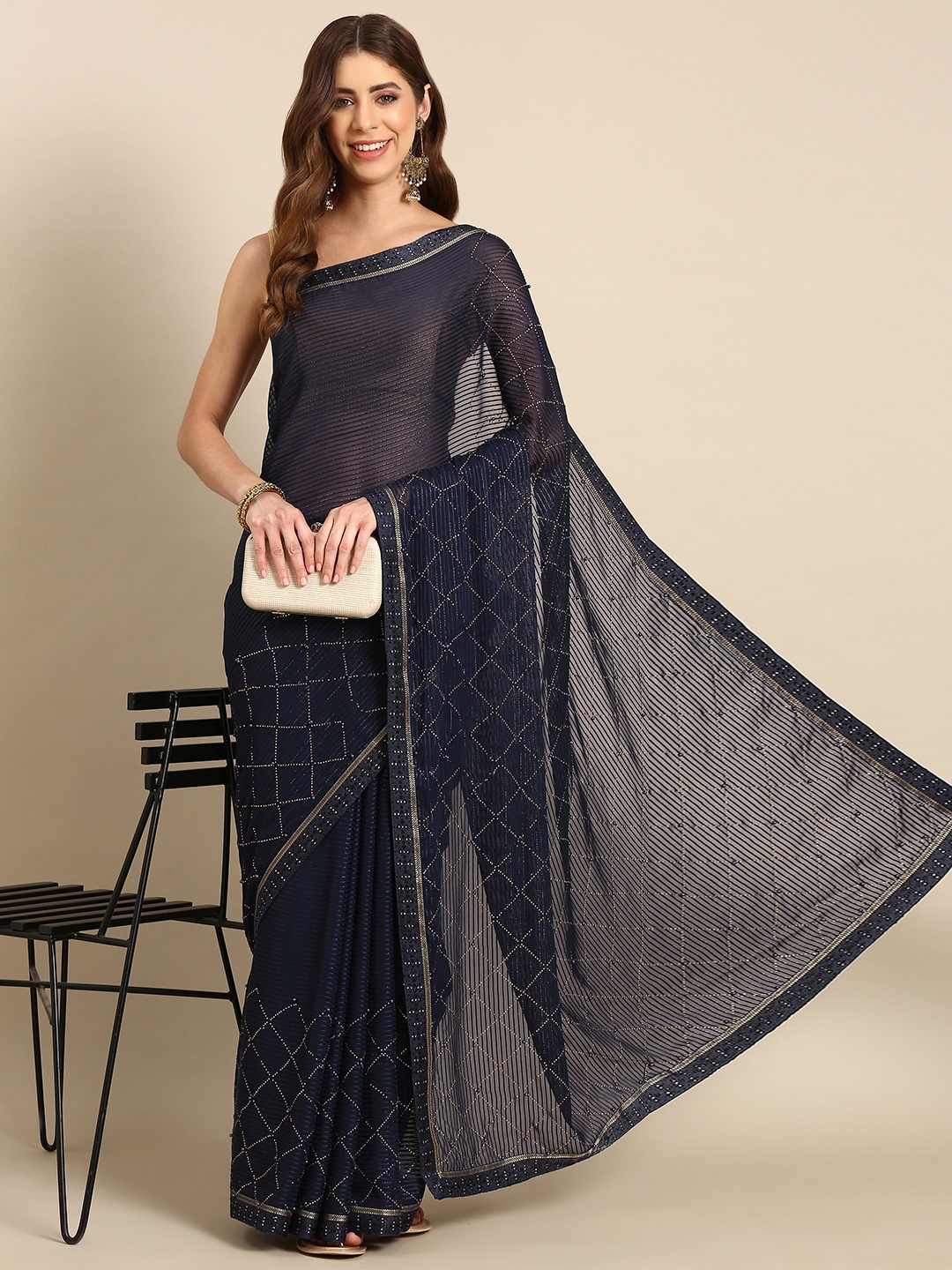 

HERE&NOW Sequinned Satin Saree, Navy blue