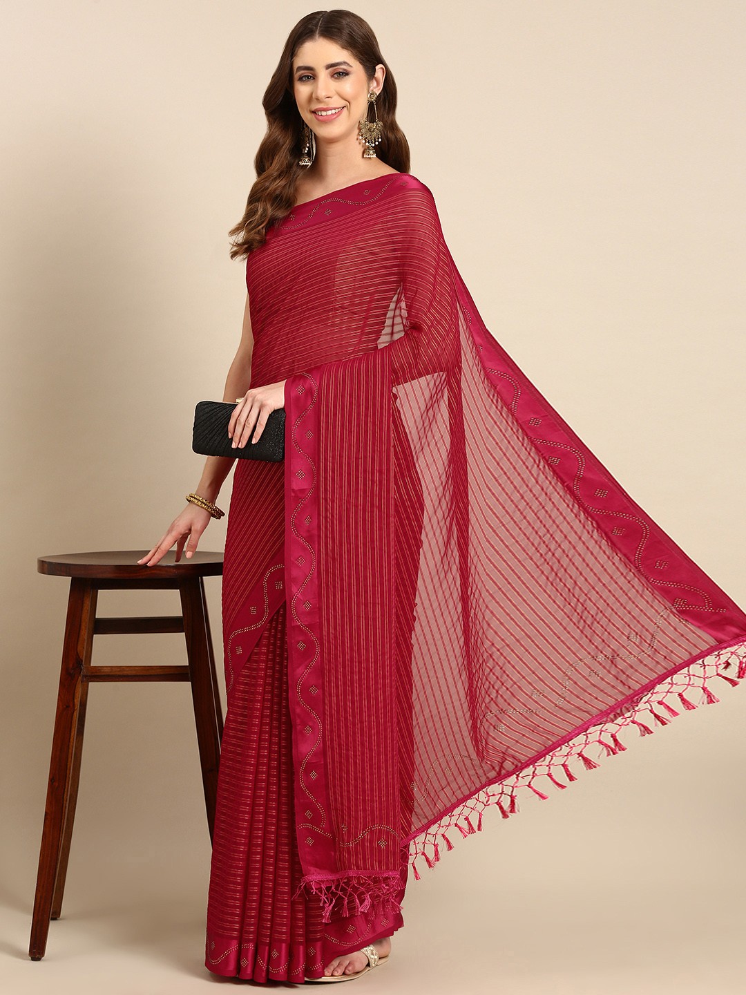 

HERE&NOW Striped Sequinned Satin Saree, Pink