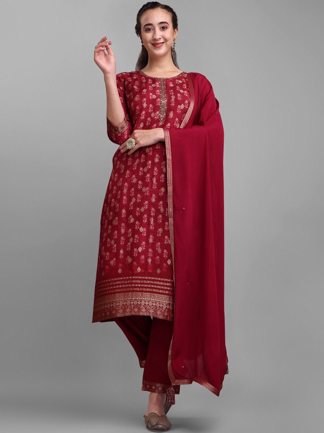 

Seerat Ethnic Motifs Printed Zari Detail Jacquard Pure Silk Kurta with Trousers & Dupatta, Maroon