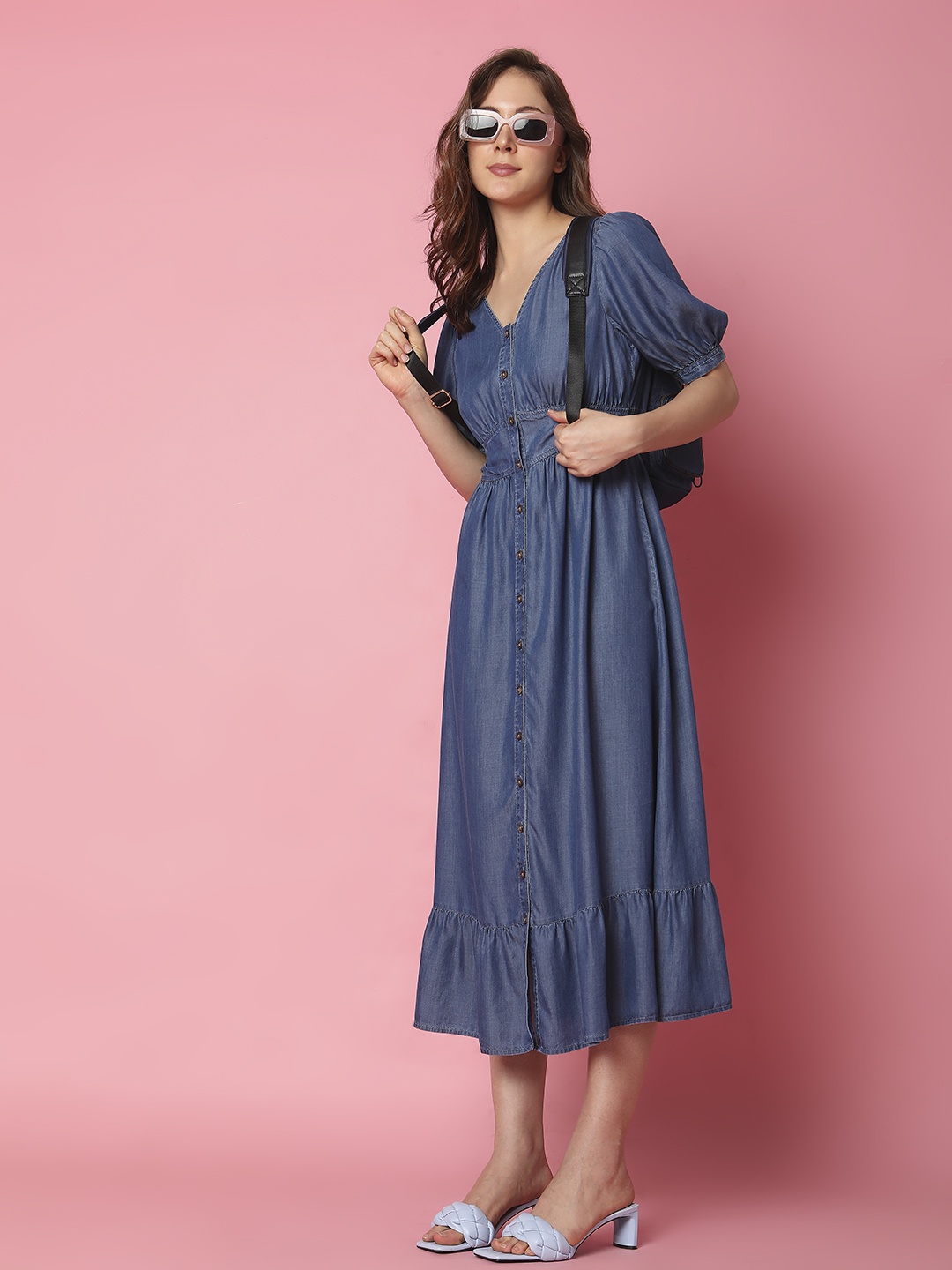 

Vero Moda V-Neck Puff Sleeves Cotton A-Line Midi Dress, Blue