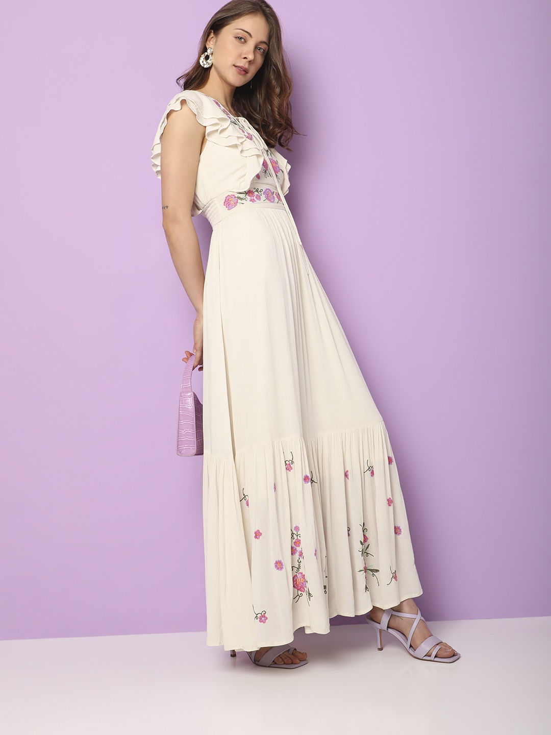 

Vero Moda Floral Printed Flutter Sleeves Maxi Dress, Beige