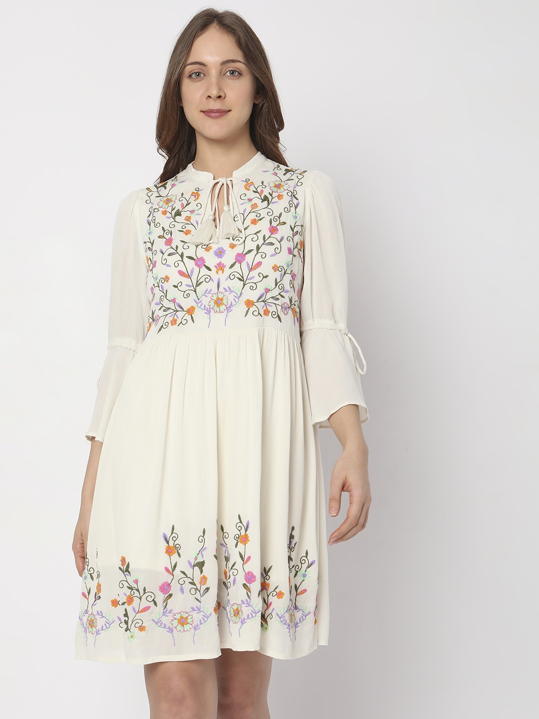 

Vero Moda Floral Embroidered Empire Dress, Beige