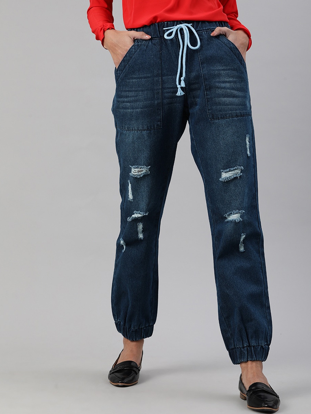 

iki chic Women Mildly Distressed Mid-Rise Denim Joggers, Blue