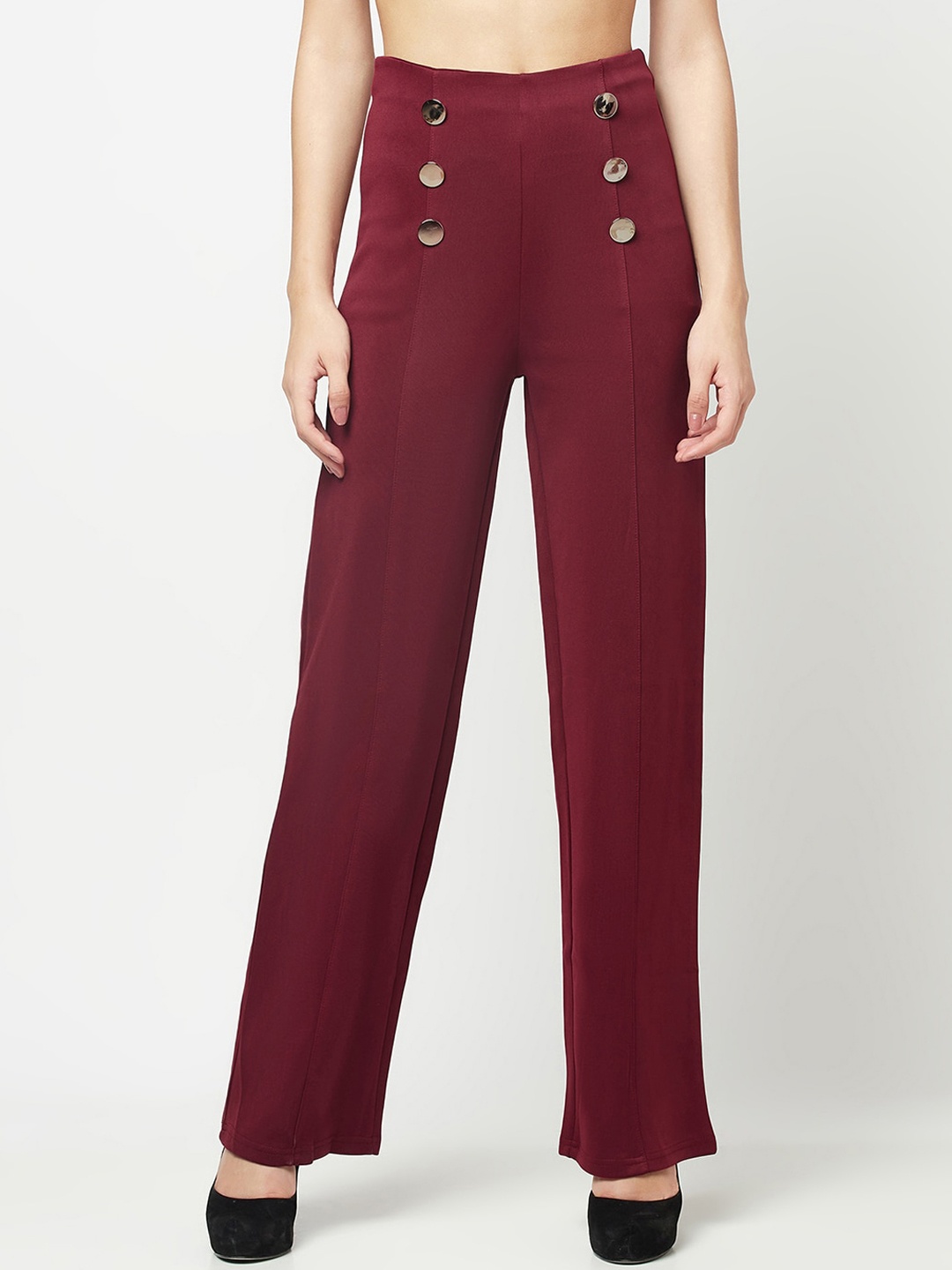 

iki chic Women Smart Straight Fit High-Rise Parallel Trousers, Maroon